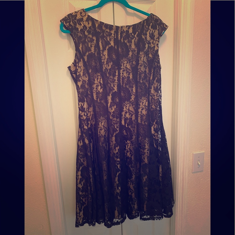 Black lace over nude short flare dress